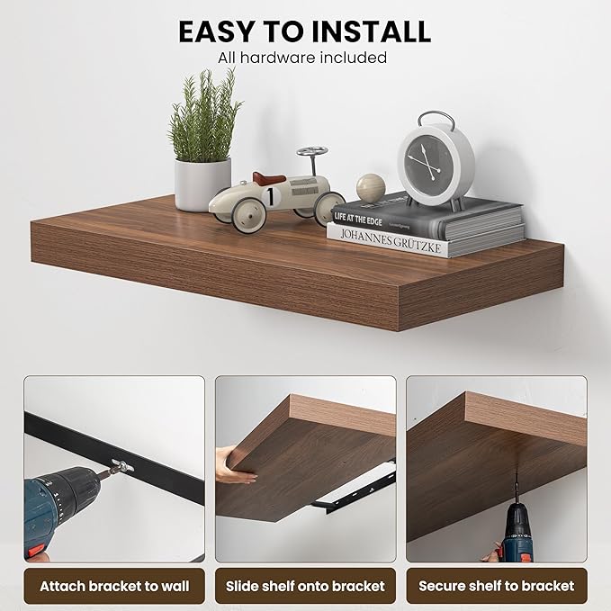 Dreamland 36" Floating Shelves for Wall, 12" Deep Thicker Walnut Floating Shelves, Wall-Mounted Shelves for Bedroom, Living Room, Kitchen, Bathroom - Set of 2
