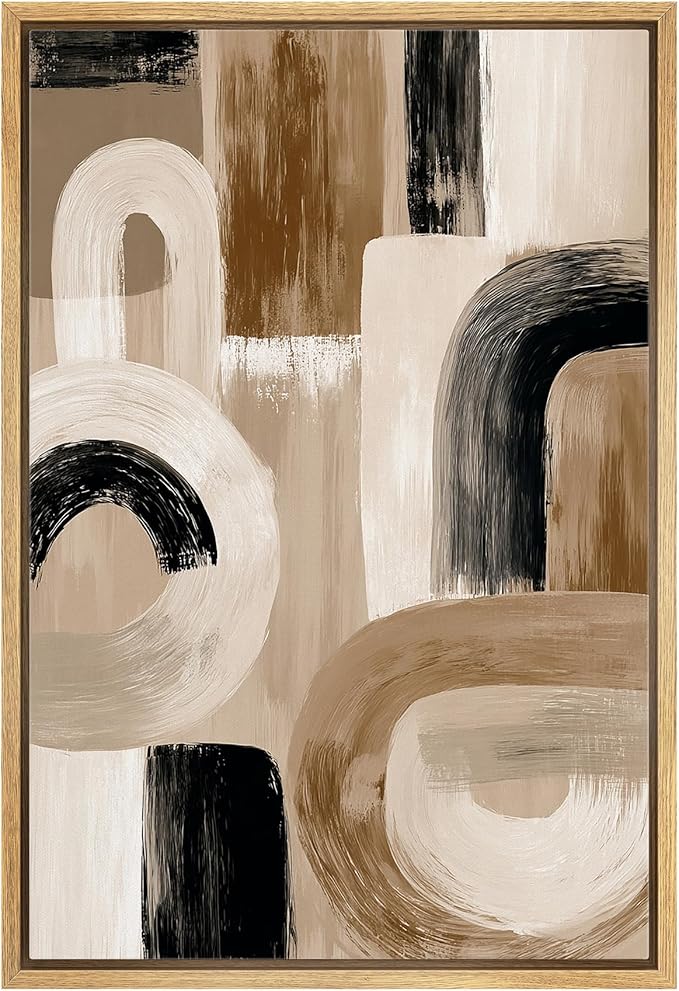 MUDECOR Framed Canvas Print Wall Art Neutral Beige & Black Brushstroke Abstract Illustrations Mid-Century Modern Multicolor for Living Room, Bedroom, Office - 16"x24" NATURAL