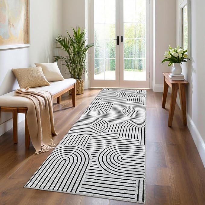 Modern Rug 2x6 Runners for Hallways, Abstract Kitchen Runner Rugs Non Slip Bath Runner, Rainbow Washable Runners Rug for Bedroom, Soft Long Rugs for Entryway Bathroom Laundry Dorm, Blackwhite