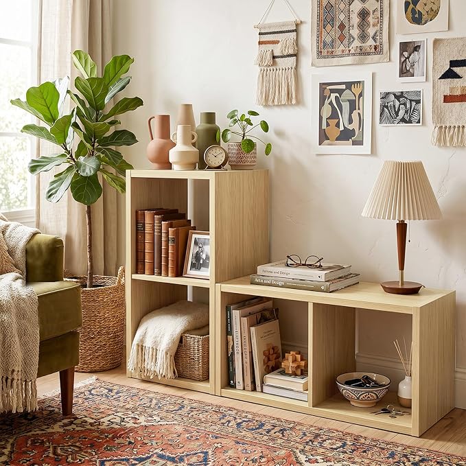 Endearing Limons【2026 Wooden Thick Border】 2 Cube Shelf Storage Organizer with Anti-Tipping Kits + Reversible Open Back Bookcase (11 * 11 Unit Cell Oak)
