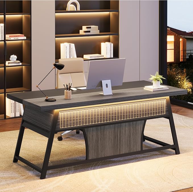 63-inch Executive Desk with Storage Shelf, Large Home Office Desk with Metal Frame & LED Light, Long Computer Desks for Home Office, Gray and Black