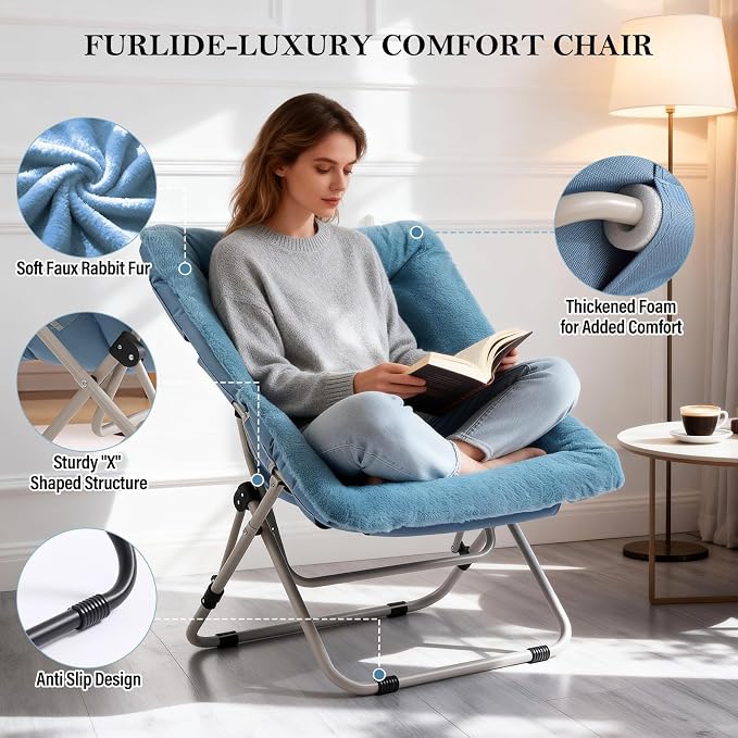 Furlide Saucer Chair, Comfy Bedroom Chairs, Oversized Folding Faux Fur Chair, Foldable Metal Frame Chair for Bedroom, Living Room, Balcony, Patio (Blue)