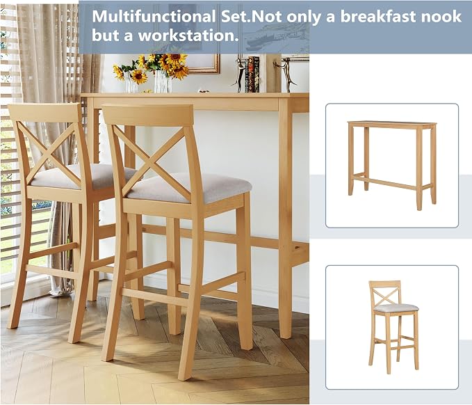 VilroCaz Farmhouse 3-Piece Counter Height Wood Kitchen Dining Sets, Home Bar Pub Kitchen Breakfast Set, 48'' Long Bar Table with 2 Upholstery Chairs for Small Places