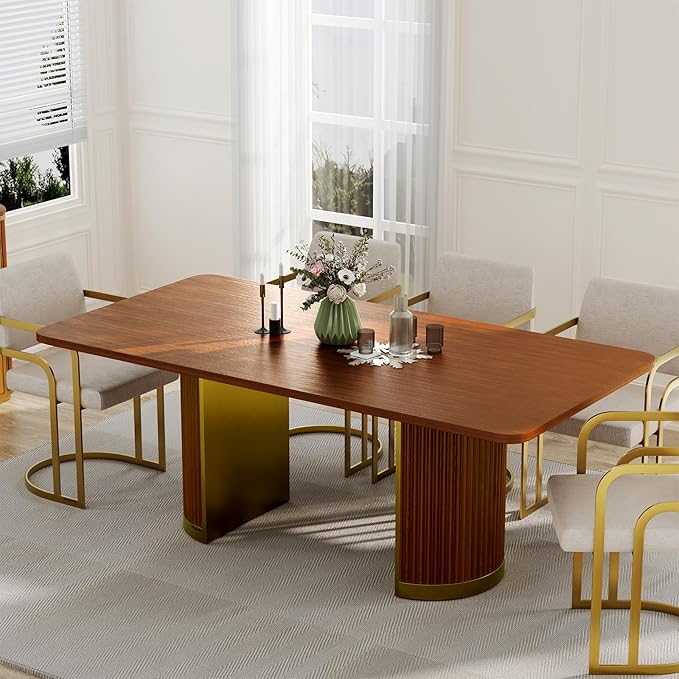AUZ 78in Farmhouse Dining Table for 4-8, Rectangular Wood Kitchen Table with Walnut Veneer Top and Roman Column Legs, Large Dining Room Table for Dining Room, Living Room