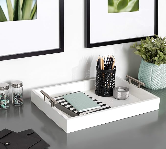Kate and Laurel Lipton Modern Rectangular Tray, 16.5 x 12.25, White and Silver, Decorative Accent Tray for Storage and Display