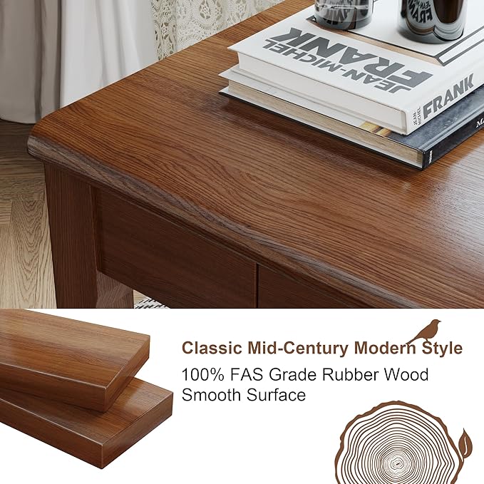 Solid Wood Desk with Drawers - 32 x 16 Inch Vintage Narrow Desks, Mid Century Modern Desks, Rubber Wood Study Table, Small Writing Desk for Bedroom|Small Spaces - Walnut Color