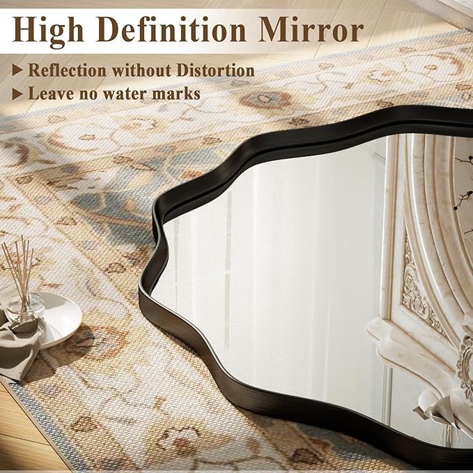 VooBang Black Scalloped Circle Mirror, 20" Wavy Edge Round Wall Mirror with Tempered Glass Textured Circular Metal Deep Frame, Hanging Leaning for Bathroom, Hallway, Entryway, Livng Room