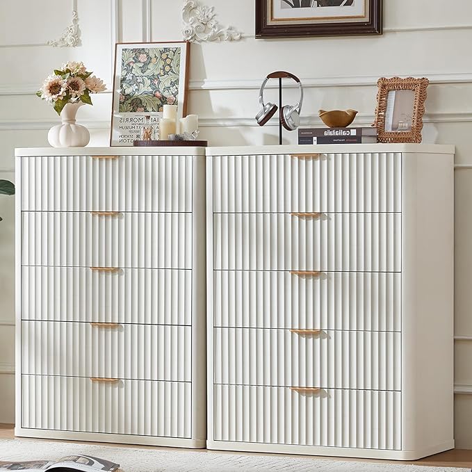 LEYAOYAO Fluted 5 Drawers Dresser Set of 2, 41" Tall Modern Chest of Drawers with Metal Handle, Curved Profile Dresser TV Stand, Wooden Drawer Organizer for Bedroom, Living Room, Hallway,Antique White