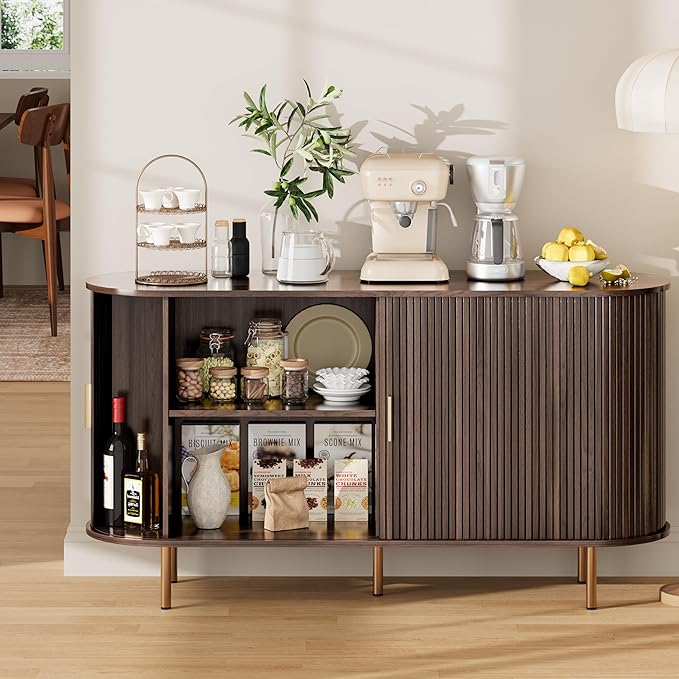 DHH Sideboard Buffet Cabinet with Storage,Mid Century Modern Fluted Accent Coffee Bar Console Table,Tambour Sliding Doors& Adjustable Shelf for Kitchen, Living Room, Entryway(Dark Walnut,55 Inch)