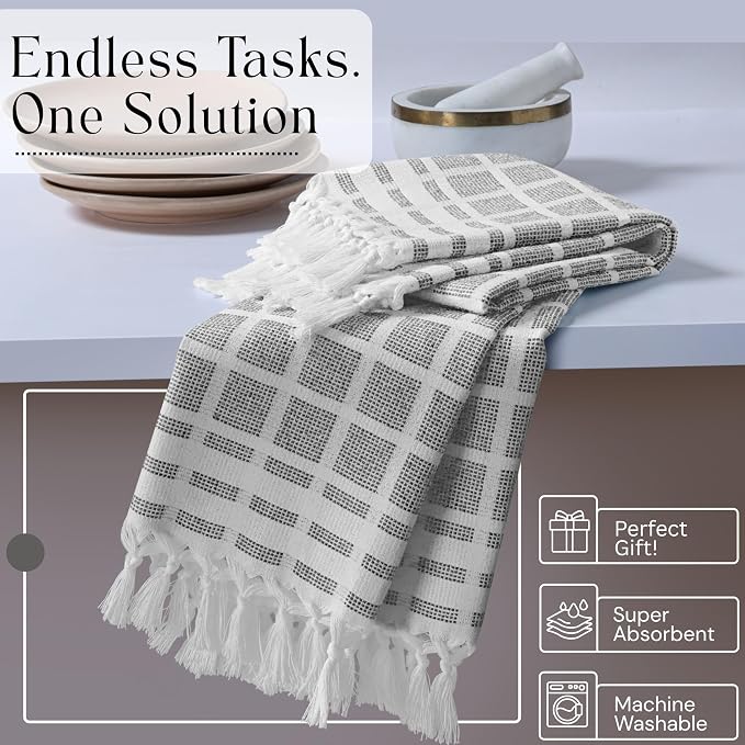 Matrix Dobby Kitchen Dish Towels Set of 12, 100% Cotton, 16x26 Inches, Reusable Dishcloths with Handmade Knotted Tassels, Absorbent, Washable Towels for Cleaning - Dark Gray, White