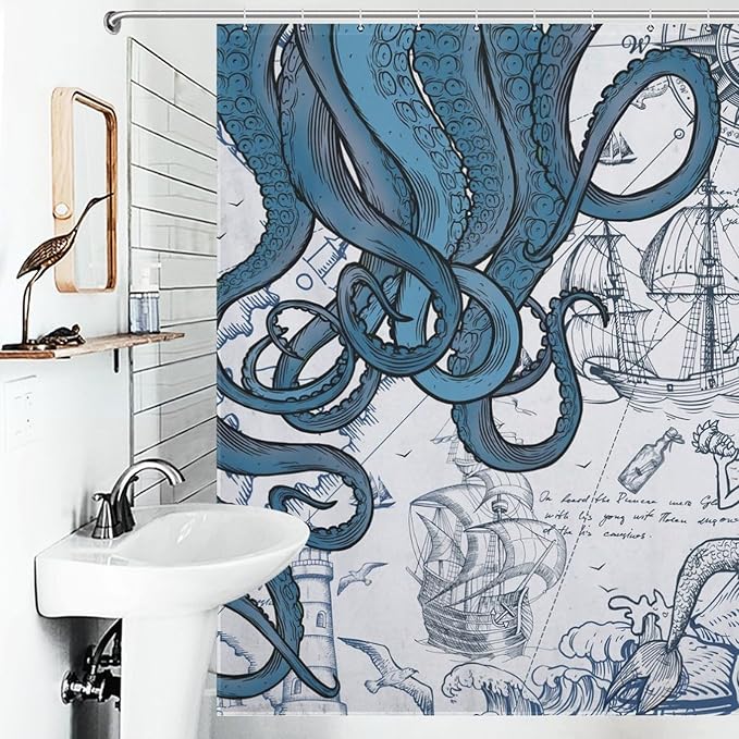 Nautical Octopus Shower Curtain,Funny Monster Ocean Kraken Sealife Pirate Ship Sailboat Retro Nautical Map Rural Bathroom Decor Fabric Waterproof Bathroom Curtain with Hooks,72x78Inch