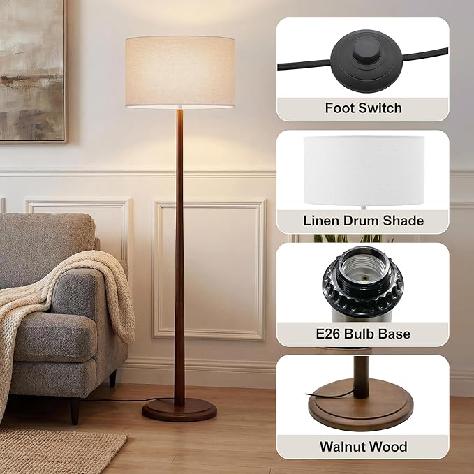 61" Rustic Walnut Wood Floor Lamp, Mid Century Standing Tall Lamp with Linen Shade, Retro Farmhouse Lighting for Home Living Room, Bedroom, Dining Room, UL listed, E26 Base (Bulb Not Included), Cream