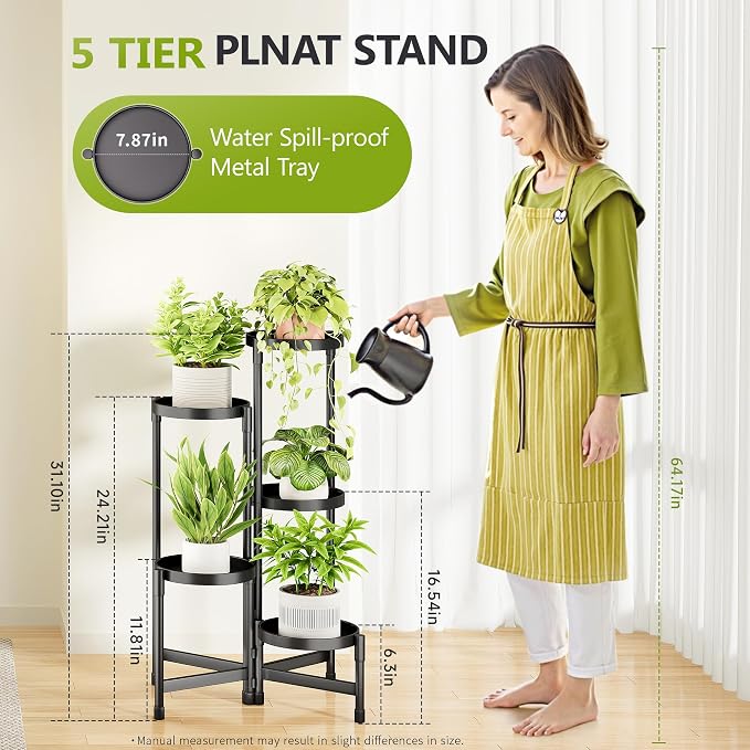 Cawukege 5 Tier Plant Stand Indoor, Tiered Plant Stand Outdoor for Multiple Plants, Corner Plant Shelf for Patio Balcony Porch Garden Living Room House, Black