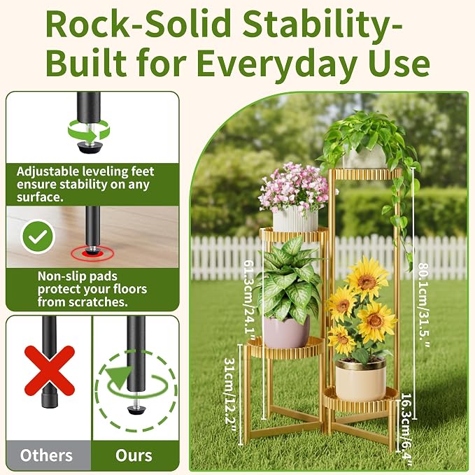 Stand Plants, 4 Tiers Metal Tiered Plant Stands for Outdoor Indoor,Heavy Duty Flower Pot Stands for Multiple Plants,Decoration Floding Tall Display Racks for Patio Porch -GoldFloroma