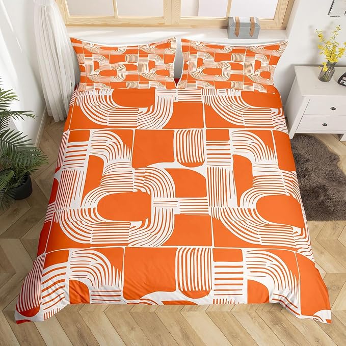 Erosebridal Mid Century Kids King Bedding Set Bohemian Ethnic Comforter Cover for Boys Teens Adult Boho Geometric Duvet Cover 3-Piece Modern Simple Orange Stripes Bed Sets Lightweight Bedroom Decor