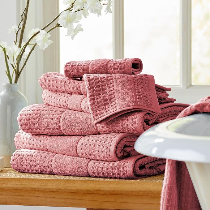 Market & Place 100% Cotton Super Soft Luxury Bath Towel Set | Quick-Dry and Highly Absorbent | Waffle Textured | 550 GSM | Includes 4 Bath Towels | Harper Collection (Rose)