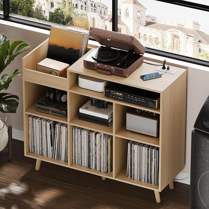 Cozy Castle Large Record Player Stand with Vinyl Storage Cabinet, Wood Turntable Table Open Shelf Holder Up to 500 Albums Cube Storage Organizer for Living Room, Office, Oak