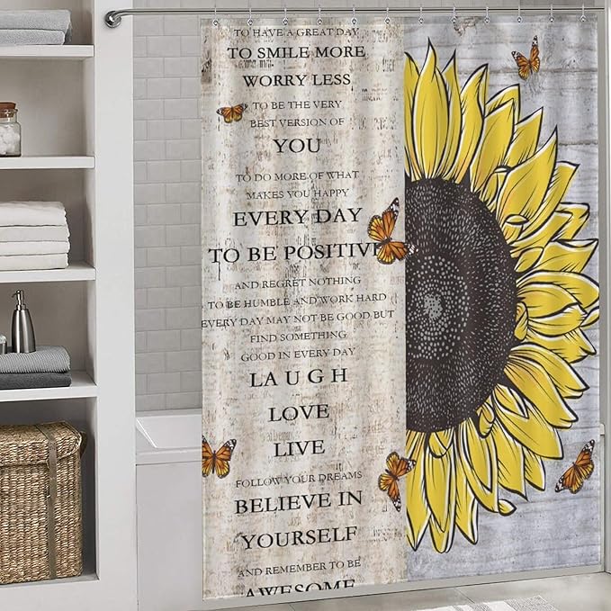 Inspirational Quotes Sunflowers Butterfly Shower Curtain,Vintage Old Newspaper Board Background Sunflower Animals Waterproof Shower Curtains for Bathroom Decor 12 Pack Hooks 66x72in（168x183cm）
