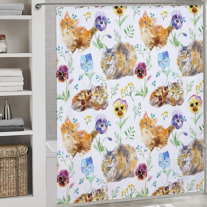 Cat Shower Curtain,Cute Cartoon Colorful Pets Paw Bathroom Curtain Polyester Waterproof Fabric Decor 72x72in（183x183cm）
