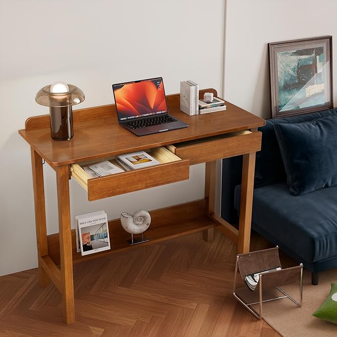 Solid Wood Desk with Drawers, 39 x 16 Inch Narrow Desk with 2 Drawers, Bookshelf & 2 Hooks, Writing & Computer Desk for Small Spaces, Mid Century Modern Desk - Walnut