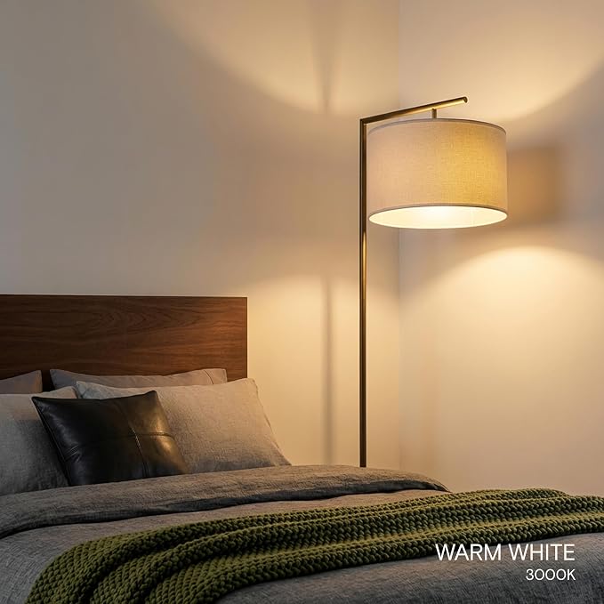 Brightech Montage Modern Floor Lamp - LED Standing Lamp with Tan Shade for Living Rooms & Offices - Bedroom Reading Light - Tall Corner Pole Lamp for Contemporary Home Decor - Black