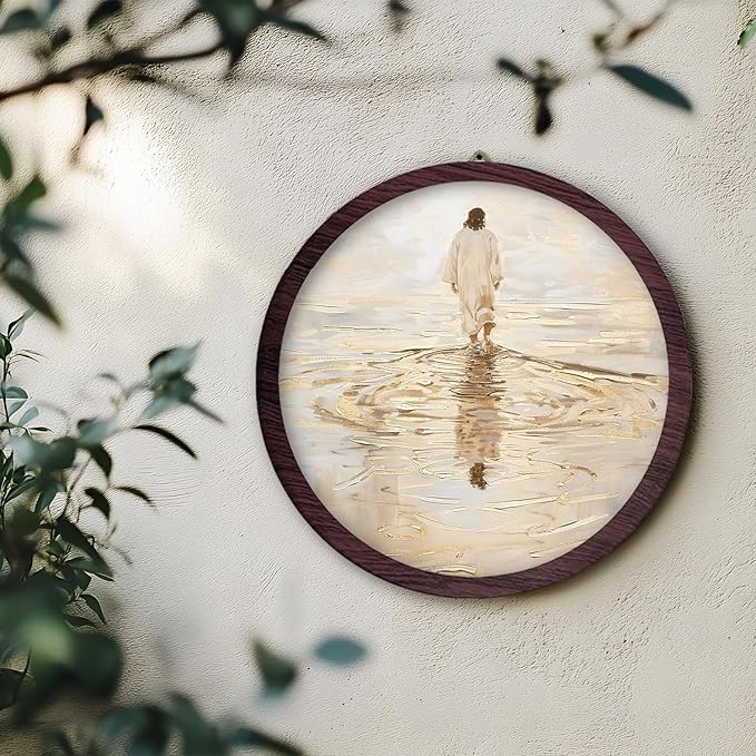 TFKFJLF Christian Jesus Round Wall Art Decor, Vintage Religious Framed Wooden Wall Art Prints Artwork, Christian Easter Wall Hanging Room Door Decor for Home Bedroom Living Room, 10x10 Inch