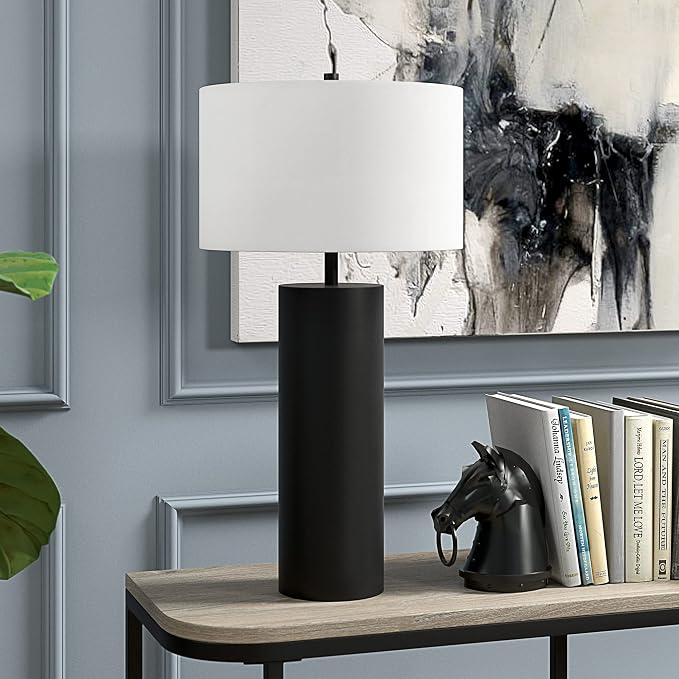Henn&Hart 29.5" Mid-Century Modern 1-Light Table Lamp with White Fabric Drum Shade for Living Room, Bedroom, or Office, Black