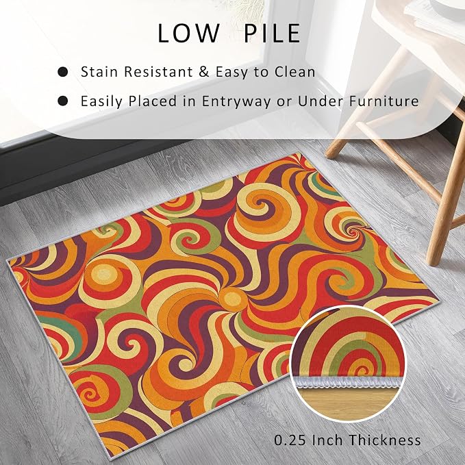 70s Retro Rug Large 8x10 Swirl Psychedelic Groovy Hippie Pop Pattern Area Rugs for Living Room, Bedroom, 70s Retro Home Decor Accessories Indoor Carpet, Non Slip & Machine Washable, GD0323