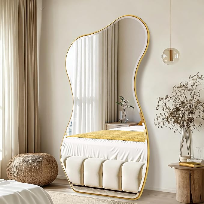 POZINO Irregular Beveled Mirror Full Length, 66.8"x33.5" Asymmetrical Aesthetic Wall Mirror with Metal Frame, Large Organic Floor Mirrors for Entryway Bedroom Living Room Cloakroom, Leaning/Wall-Mount