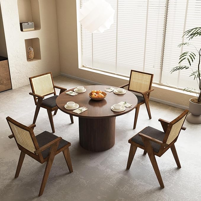 47 Inch Round Dining Table, Farmhouse Fluted Dining Kitchen Table, Modern Wood Small Circle Dining Table for Kitchen Living Room, Walnut
