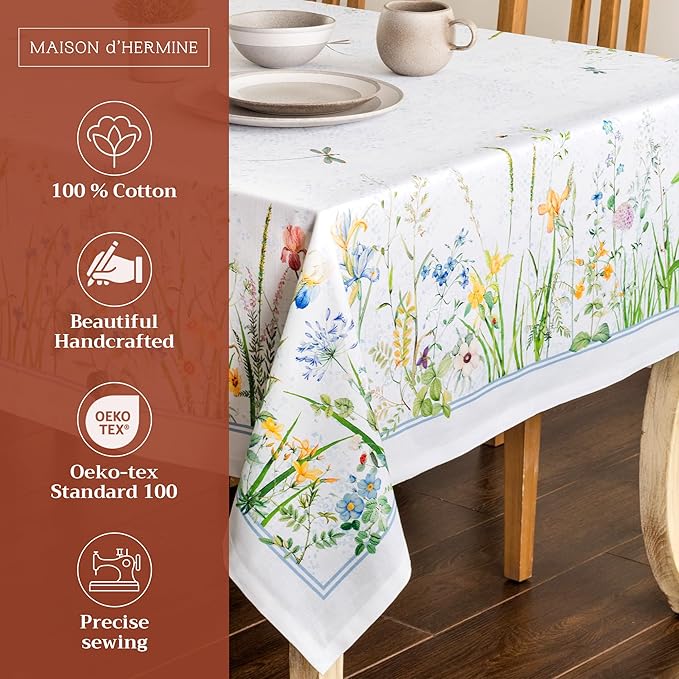 Maison d' Hermine Table Cloth Rectangle Table 100% Cotton 60 x 120 Inches Tablecloth Reusable Decorative for Dining Room Farmhouse Home Valentines Day Decorations Spring Summer - Fleurs De Mai