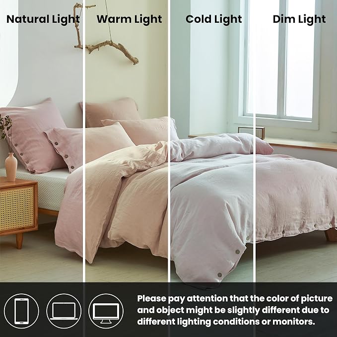 Simple&Opulence 100% Linen Duvet Cover Set 2pcs with Coconut Button Closure Natural French Washed Flax Solid Color Soft Breathable Farmhouse Bedding - Blush Pink, Twin Size