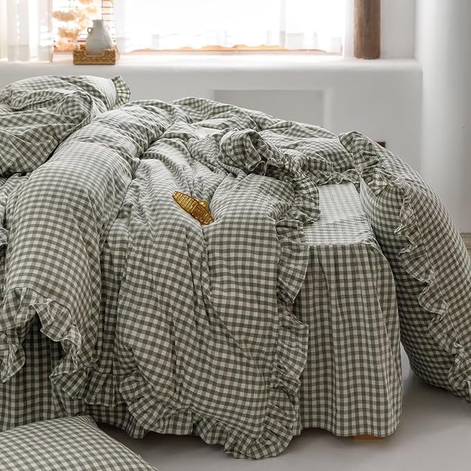 mixinni Green Gingham Ruffle Duvet Cover Twin Size 3 Pieces – 100% Washed Cotton, Vintage Plaid Ruffled Bedding Set with Zipper Ties, Soft Checkered Grid Farmhouse Chic Comforter Cover Set
