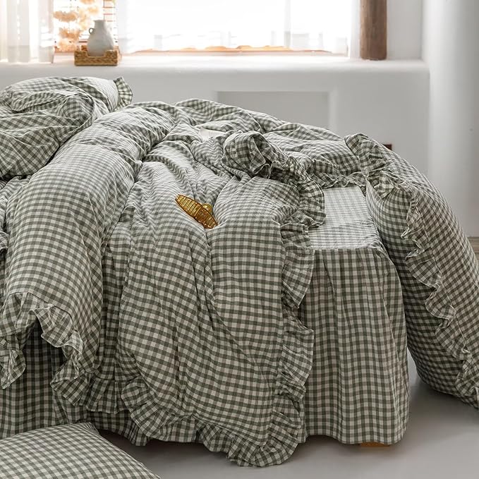 mixinni Green Ruffle Duvet Cover King Size 3 Pieces – 100% Washed Cotton, Vintage Plaid Ruffled Bedding Set with Zipper Ties, Soft Checkered Grid Farmhouse Chic Comforter Cover Set