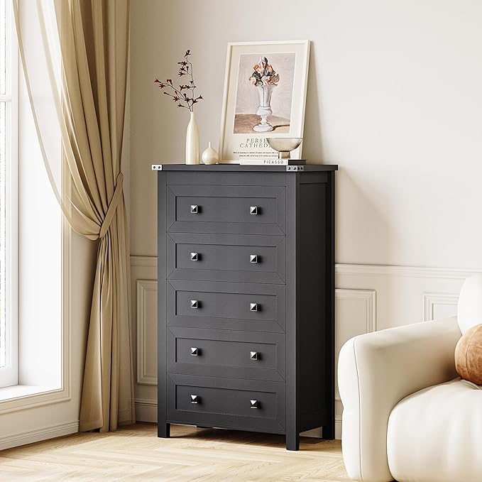 Black Dresser Tall 5 Drawer Dresser for Bedroom, Wooden Dressers & Chests of Drawers with Metal Handles, Modern Storage Cabinet and Organizer Drawers for Living Room, Hallway