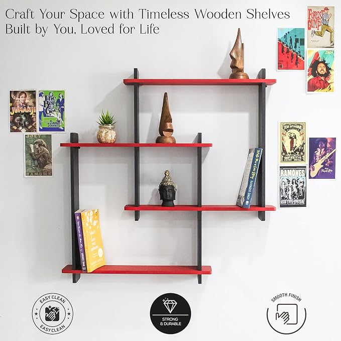 Modern Wall Mounted Zigzag Shelf Rack – Decorative Wooden Floating Display Unit for Living Room, Bedroom & Office Decor (RED)