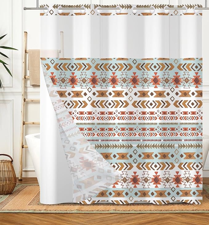 Boho Shower Curtain with Snap in Liner No Hook Mid Century Abstract Curtains for Bathroom Decorations Arch Sun Palm Leaf Waterproof Fabric Bath Accessories Washable 71x74 Inch