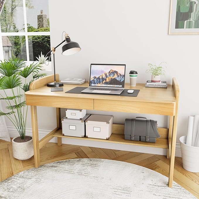100% Solid Wood Desk with Drawers - 40 Inch Mid Century Modern Desk, Vintage Desks with Shelf, Adjustable Height Writing Computer Desks - Natural Oak