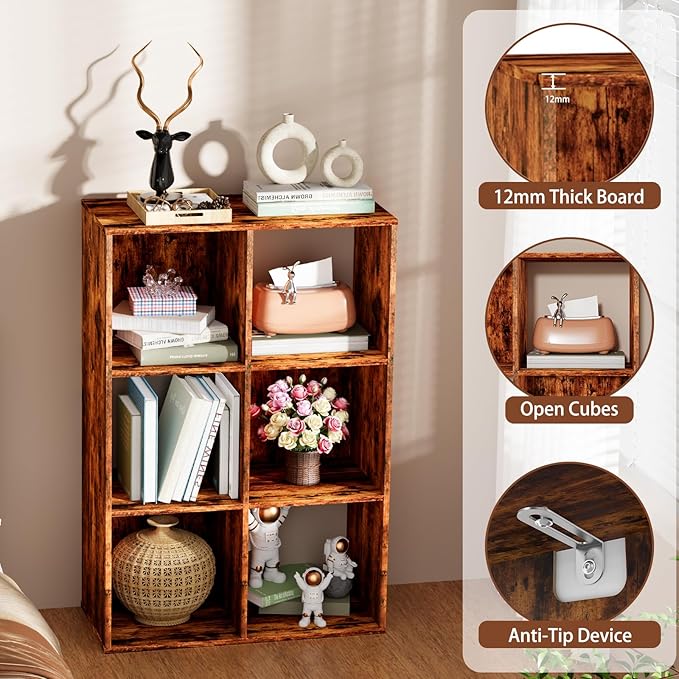 6 Cube Storage Organizer, Open Bookshelf Storage Cubes Shelf with Back Panel, Wooden Display Shelf Bookcase Standing Shelves for Living Room, Bedroom, Home Office (Vintage Brown, 6-Cube)