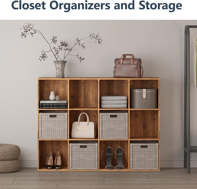 12 Cube Storage Organizer, Wooden Cube Shelves with Closed Back Panel, Reversible Bookcase, Cubes Closet Organizer for Home, Living Room, Kids Room, Office, Bedroom, Study, Hallway