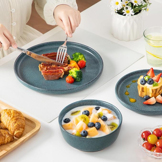vancasso Plates and Bowls Sets, 24 Pieces Stoneware Dinnerware Set for 8, Ceramic Dish Set for Kitchen, Microwave and Dishwasher Safe, Smoky Teal, Series ZERMATT