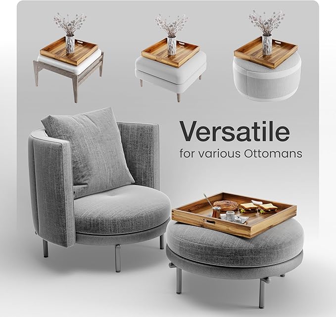 20 x 20 inch Square Wooden Ottoman Tray – Large Wooden Tray for Ottoman, Extra Large Ottoman Tray for Living Room, Coffee Table & Decorative Use (Acacia Color)