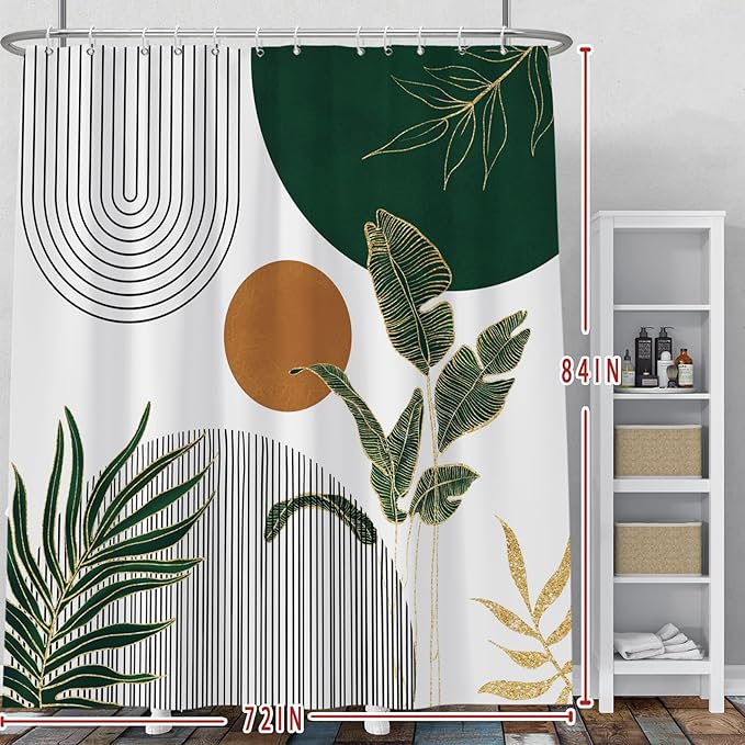 Baocicoo Boho Mid Century Shower Curtain Abstract Sun Green Banana Leaves Curve Aesthetic Shower Curtain for Bathroom Cubicle Living Room Waterproof Curtain for Bathroom with Hooks 72x84 Inches