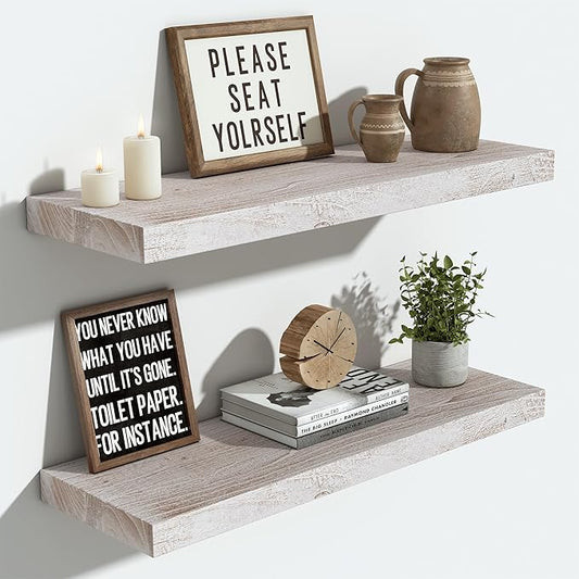 Vivelove Elm Floating Shelves for Wall Solid Wood, 24 Inches Long Rustic Wall Shelf with Invisible Bracket for Living Room Bedroom Bathroom Office, Farmhouse Display Shelf, Set of 2 - Weathered White