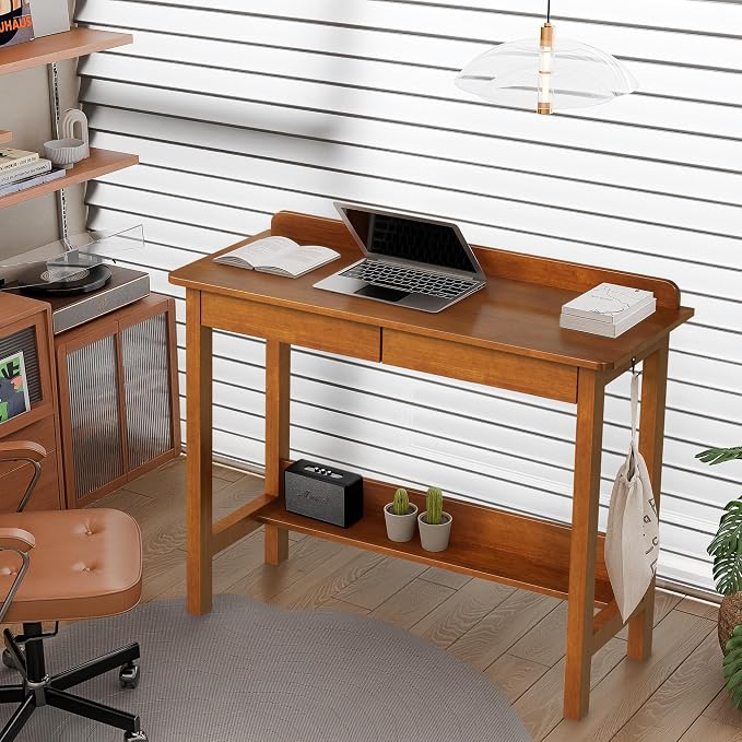 Solid Wood Desk with Drawers, 39 x 16 Inch Narrow Desk with 2 Drawers, Bookshelf & 2 Hooks, Writing & Computer Desk for Small Spaces, Mid Century Modern Desk - Walnut