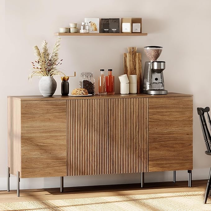 WAMPAT Fluted Buffet Cabinet with Storage, 61.5" Large Sideboard Cabinet with Storages, Modern Buffet Table Coffee Bar Wine Bar Storage Organizer with 4 Doors for Kitchen, Dining Room, Hallway, Walnut
