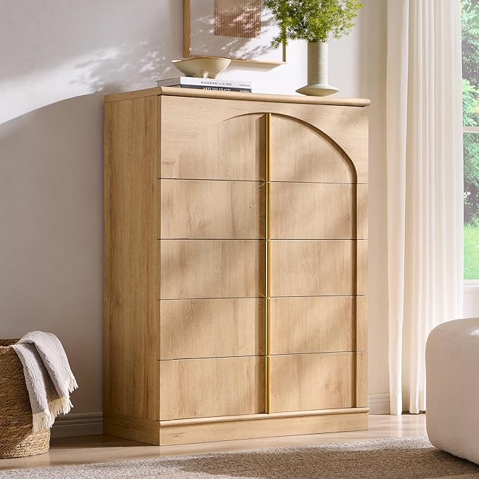ACCOHOHO Modern 5 Drawers Dresser for Bedroom with Arched Panel,44" Tall Dresser for Closet with Metal Handles,Push-to-Open Wood Storage Closet Dressers for Living Room, Hallway,Natural Oak