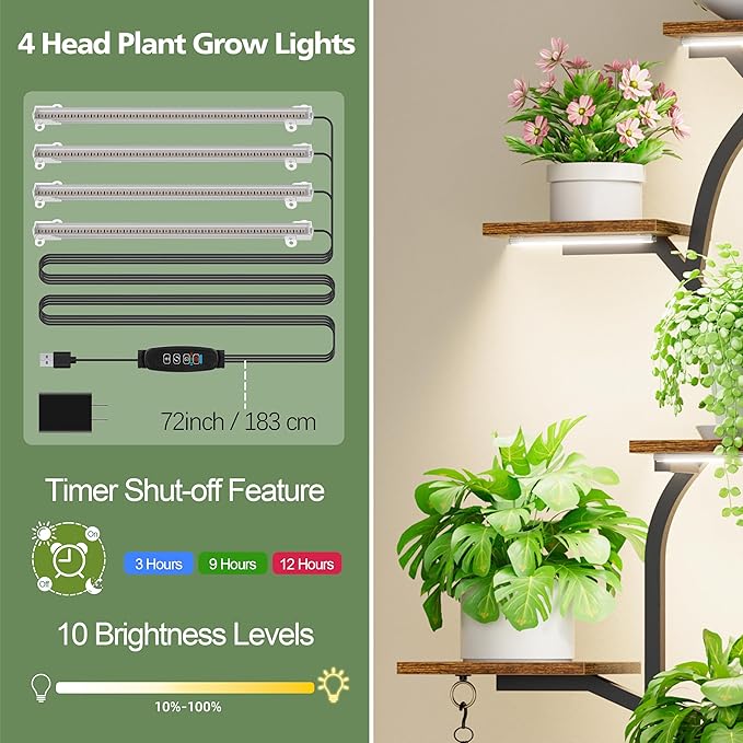 Plant Stand Indoor with Grow Lights - 7 Tier Indoor Plant Shelf, 64" Tall Plant Stands for Indoor Plants, Corner Metal Plant Stand, Plant Holder for Living Room, Porch, Black