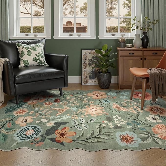 DCX Vintage Floral Rug 9x12, Washable Sage Green Rug for Living Room, Kid & Pet Friendly with Rubber Back Non Slip, Soft Low Pile Carpet, Stain Resistant Rug for Bedroom, Nursery, Dining Room
