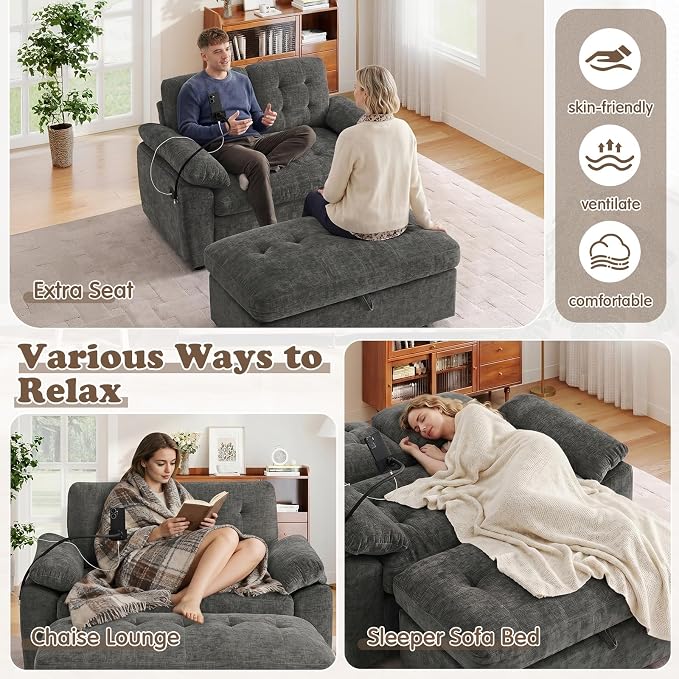 Oversized Chaise Lounge Chair Indoor with Ottoman&Adjustable Backrest,Chenille Tufted Recliner Comfy Loveseat Sofa Chair with USB&Phone Holder,Convertible Sleeper Couch Bed for Living Room(56"W,Grey)